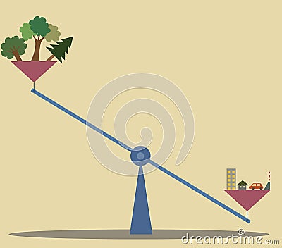 Unbalance scale between Nature and human construction Vector Illustration