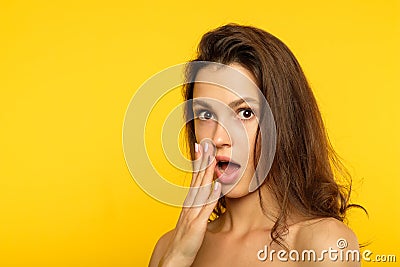 Unbelievable shocked surprised woman cover mouth Stock Photo