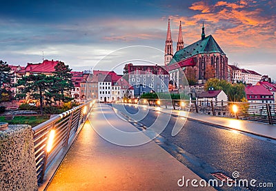 Unbelievable sunrise view of St Peter and Paulâ€™s Church. Colorful autumn cityscape of Gorlitz, eastern Germany, Europe. Stock Photo