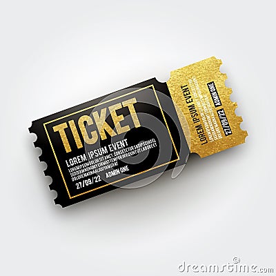 Vector ticket for Cinema, theater, concert, movie, performance, party, event festival. Realistic black and gold vip ticket templat Vector Illustration