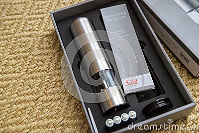 Unboxed package with new Silit salt pepper inox mill operated by battereis Editorial Stock Photo