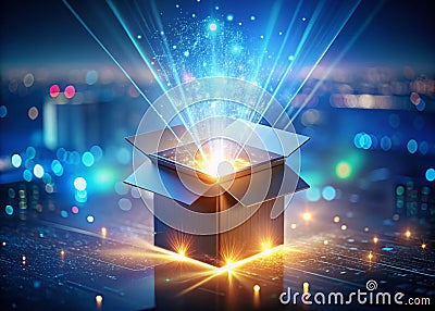 Unboxing a Futuristic Tech Update Isometric View of a Flying Box with Bokeh Unveiling Innovative Features Stock Photo