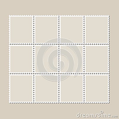 Unbroken vintage sheet of twelve postage stamps. Set of stamps on a light background with a shadow. Vector Illustration