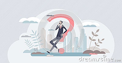 Uncertainty and doubt in business questions or decisions tiny person concept Vector Illustration