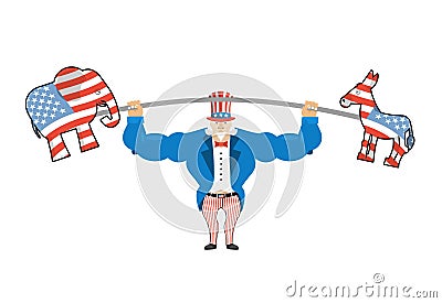 Uncle Sam and donkey and elephant. democratic donkey and republican elephant Strong Uncle Sam goes in for sports. Strong America. Vector Illustration