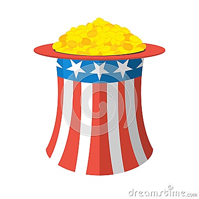 Uncle Sam hat and gold. Cylinder Uncle Sam and gold coins on white background. American hat and money. Hat for independence day. Vector Illustration