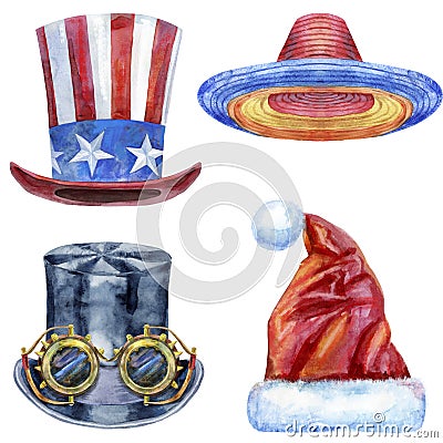 Set of watercolor illustrations of hats on white background Cartoon Illustration