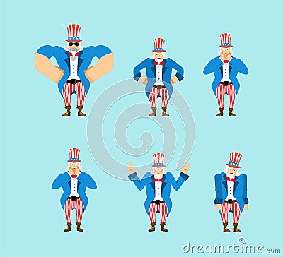 Uncle Sam set poses. Man happy and strong. sleeping and angry. guilty and sad Vector Illustration