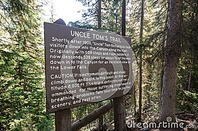 Uncle Tom`s Trail in Yellowstone National Park consists of very steep stairs to get to the Lower Yellowstone Falls Stock Photo