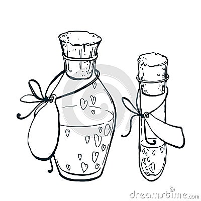 Uncolor flask and tube-test with hearts icon in hand drawn style. Love elixir Vector Illustration