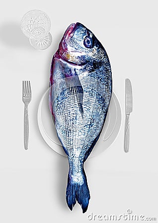 Uncooked big fish plate top view Stock Photo
