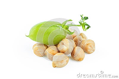 Uncooked dried chickpeas with raw green chickpea pod plant isolated on white background Stock Photo