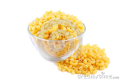 Uncooked elbow macaroni in bowl isolated on white background Stock Photo