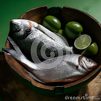 Uncooked fish with lime and herbs in a wooden bowl Stock Photo