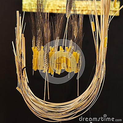 Uncooked Italian Pasta -Penne- arranged Next to each Other with Wheat Thorns Tucked inside them Stock Photo