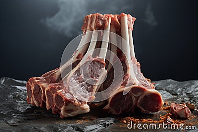 Uncooked lamb ribs positioned on a solid stone table, ready for culinary transformation Stock Photo
