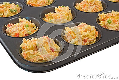Uncooked Savoury Muffins in Tray Stock Photo