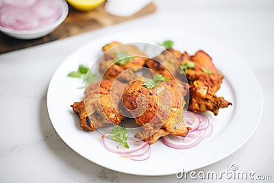 uncooked tandoori chicken thighs on a white plate Stock Photo