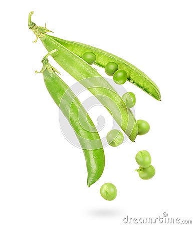 Uncovered pea pod in the air isolated on a white background Stock Photo