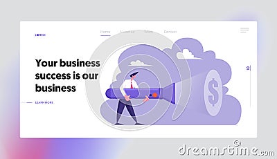 Uncovering Hidden Income Source Website Landing Page, Business Man Holding Huge Flashlight Lighting Up Dollar Sign Vector Illustration