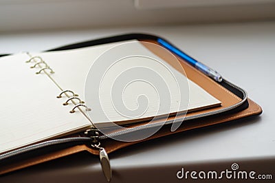 Undated diary on rings with blue pen Stock Photo