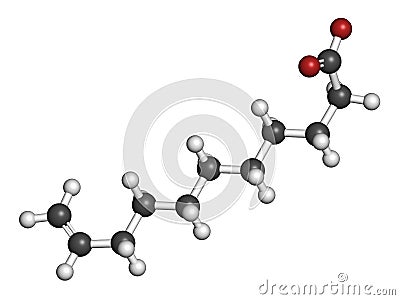 Undecylenic acid topical antifungal drug molecule. 3D rendering. Atoms are represented as spheres with conventional color coding: Stock Photo