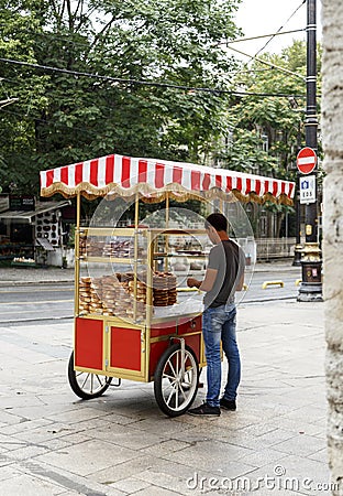 Undefined man with simit cart ,Istanbul, Turkey. Stock Photo