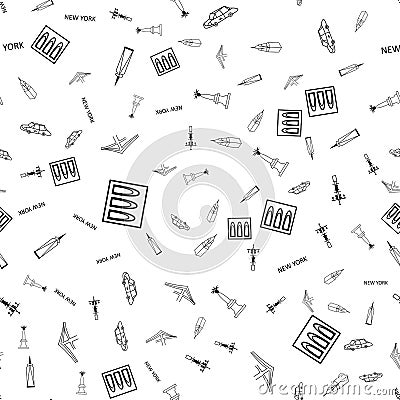 Seamless vector pattern with New York landmarks and buildings in line art style. Black and white illustration Cartoon Illustration