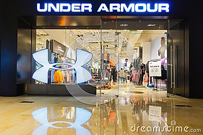 under armour logo sports retail shop window front Editorial Stock Photo