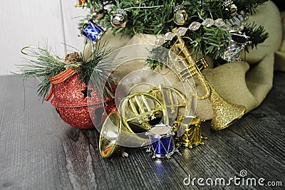 Merry Christmas insturments french horn, trumpet, drums Stock Photo