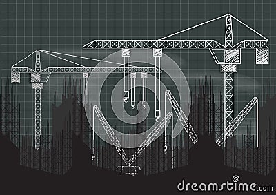 Under Construction crane chalkboard blueprint Vector Illustration