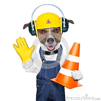 Under construction dog Stock Photo