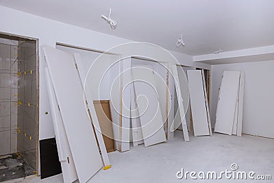 Home under construction door for a remodeling new home installing material for repairs in an apartment Stock Photo