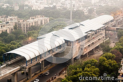 Under construction overhead metro station over street Editorial Stock Photo