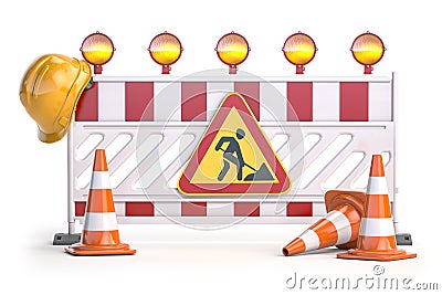 Under construction. Road barrier with trafic signs, cones and hard hat Cartoon Illustration