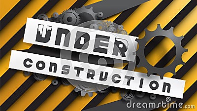 Under Construction sign decorated by black gears and cogs on yellow black stripes background. Vector Illustration