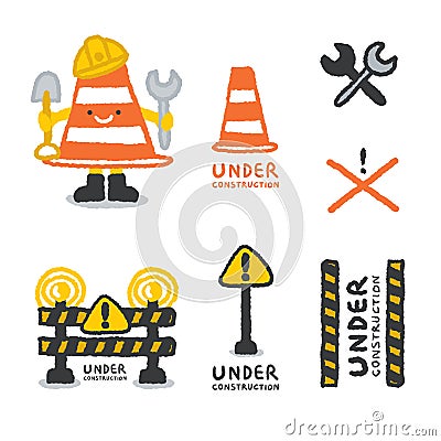 Under construction signs set in cartoon style Vector Illustration
