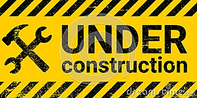 Under construction site banner sign vector black and yellow diagonal stripes under construction, hammer and wrench Vector Illustration