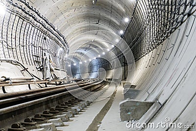 Under construction subway tunnel of reinforced concrete tubes Stock Photo