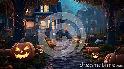 haunted haven, a spooky path of pumpkins Cartoon Illustration