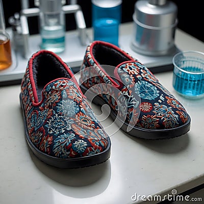 Under the Microscope features a unique pair of slippers intricately designed with patterns that evoke the fascinating forms of Stock Photo