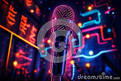 Under neons spell, the mic and speaker conjure a symphony of lights and sound Stock Photo