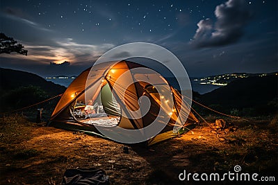 Under nights veil Tent pitched in the quiet of the nocturnal hours Stock Photo