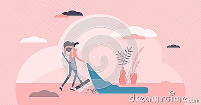 Under the rug vector illustration. Problem postpone flat tiny persons concept Vector Illustration