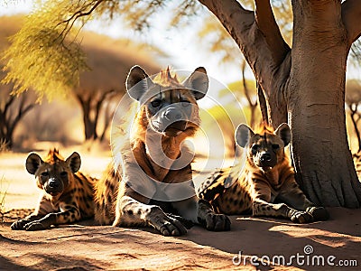 A hyena family resting in the shade of acacia trees in the midday heat Stock Photo