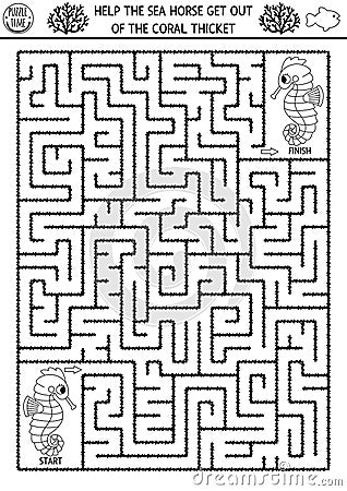 Under the sea black and white geometrical maze for kids with seahorse. Ocean line preschool printable activity. Water labyrinth Vector Illustration