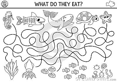 Under the sea black and white maze for kids with turtle, whale, shark, seahorse. Ocean line preschool printable activity with fish Vector Illustration