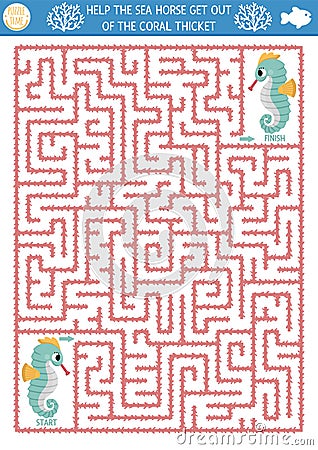 Under the sea geometrical maze for kids with seahorse. Ocean preschool printable activity. Water labyrinth game or puzzle. Help Vector Illustration