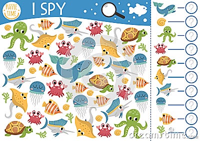 Under the sea I spy game for kids. Searching and counting activity with fish, whale, octopus, crab, turtle, jellyfish. Ocean life Vector Illustration