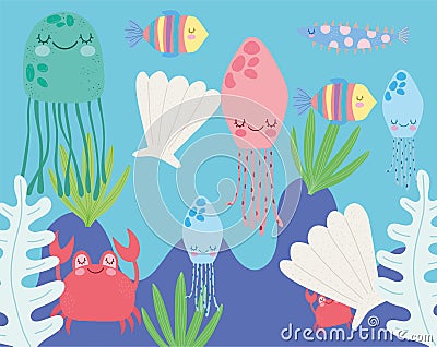 Under the sea, jellyfish shell crab fish algae wide marine life landscape cartoon Vector Illustration